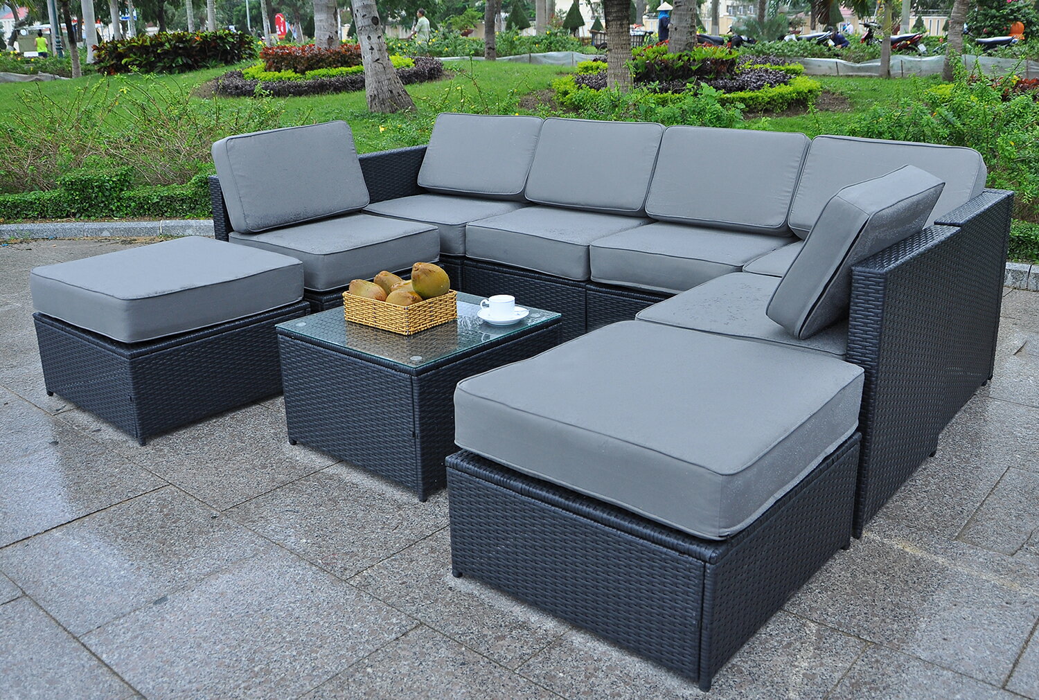 mcombo: MCombo 9pcs Black Wicker White Cushion Patio Sectional Outdoor