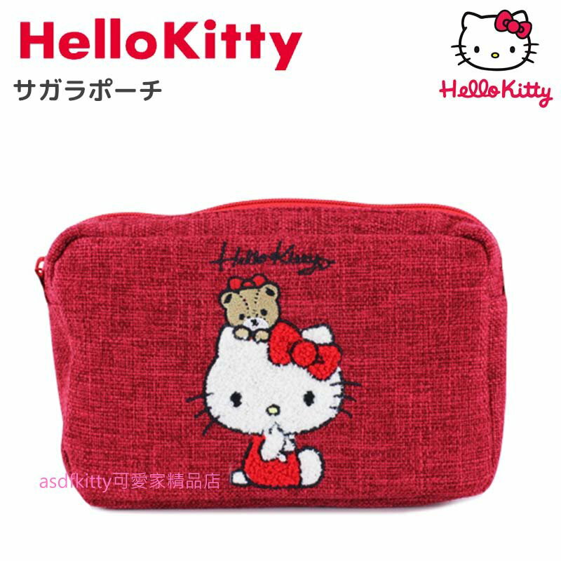 asdfkitty可愛家☆KITTY x MANUFATTO紅色泰迪熊刺繡帆布方型收納包/手拿包-日本正版商品