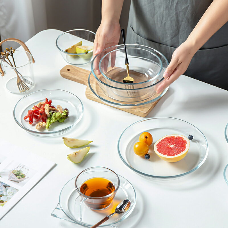 玻璃碗飯碗湯碗餐盤菜盤透明盤子水果沙拉碗家用玻璃餐具碗碟套裝