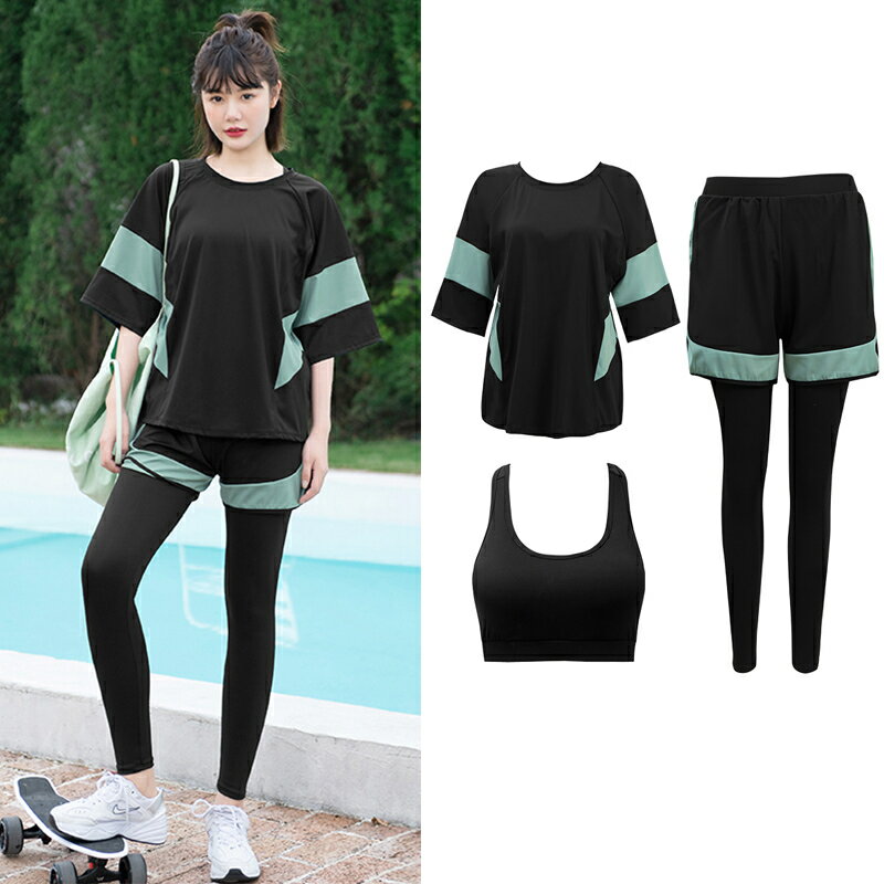 L-6XL叄件式新款大尺碼泳衣 防晒速乾五分袖T恤時尚拼接 休閒戶外運動沙灘 玩水泳衣 衝浪服