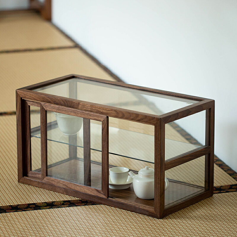 黑胡桃木茶具收納櫃桌面小型防塵櫃家用茶室實木透明玻璃展示櫃