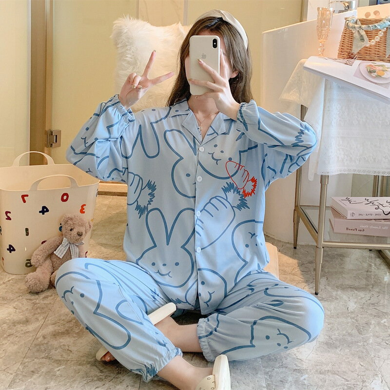 小清新睡衣女士春秋可愛卡通開衫薄款舒適休閑家居服長袖學生套裝