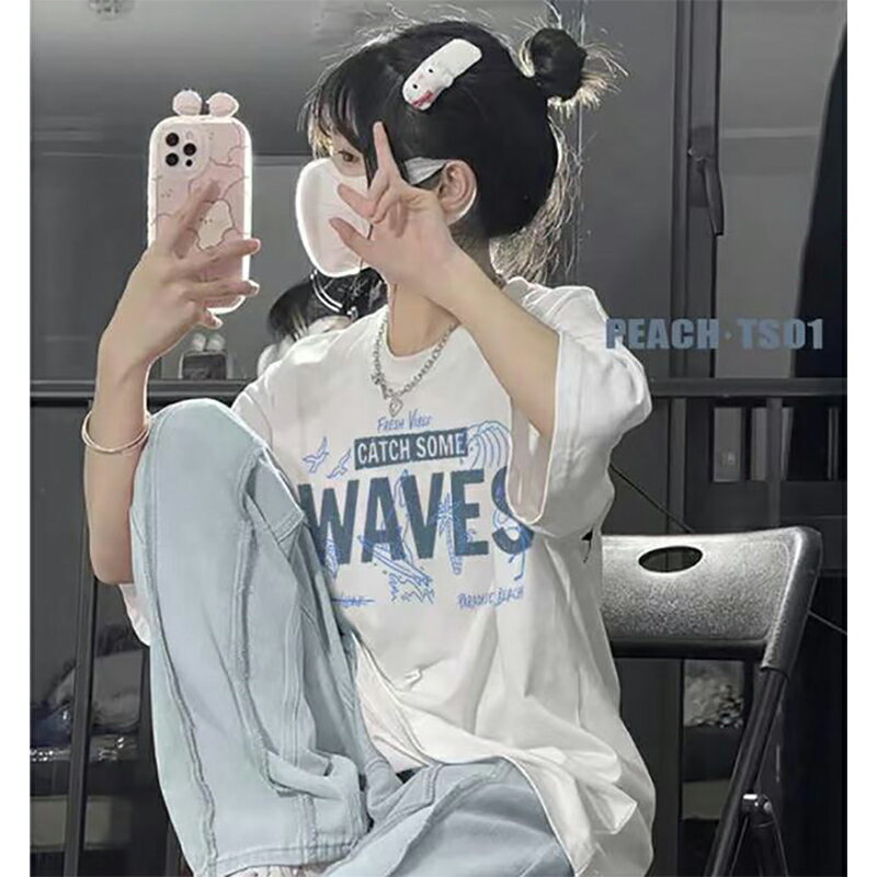 美式復古vintage純棉短袖t恤女2022寬松ins設計感小眾小個子上衣