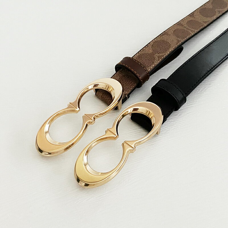 美國百分百【全新真品】Coach 皮帶 女款 真皮 雙頭 細腰帶 專櫃精品 配件 25mm logo 黑色/咖啡印花 CZ21