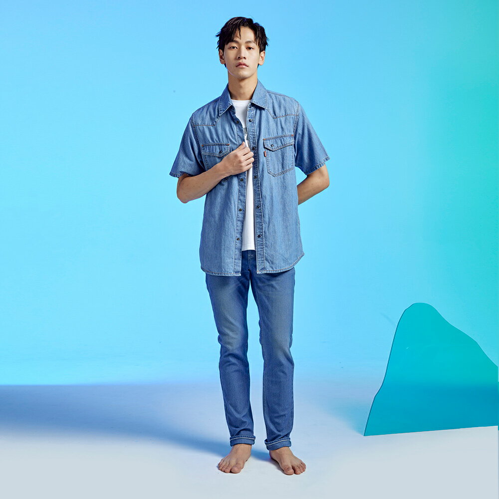 EDWIN 經典短袖牛仔襯衫-男款 石洗藍 4