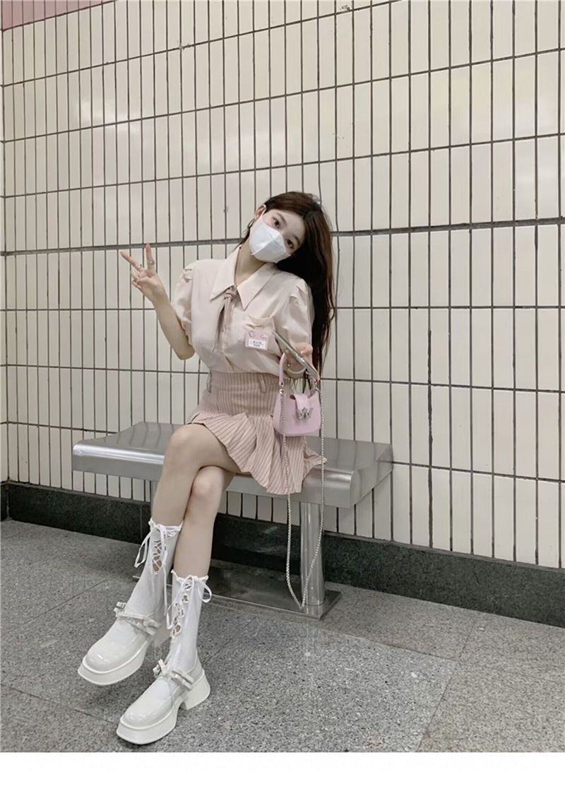 短袖裙裝學院風套裝女日系少女甜辣風鹽系短袖襯衫百褶裙兩件套夏季