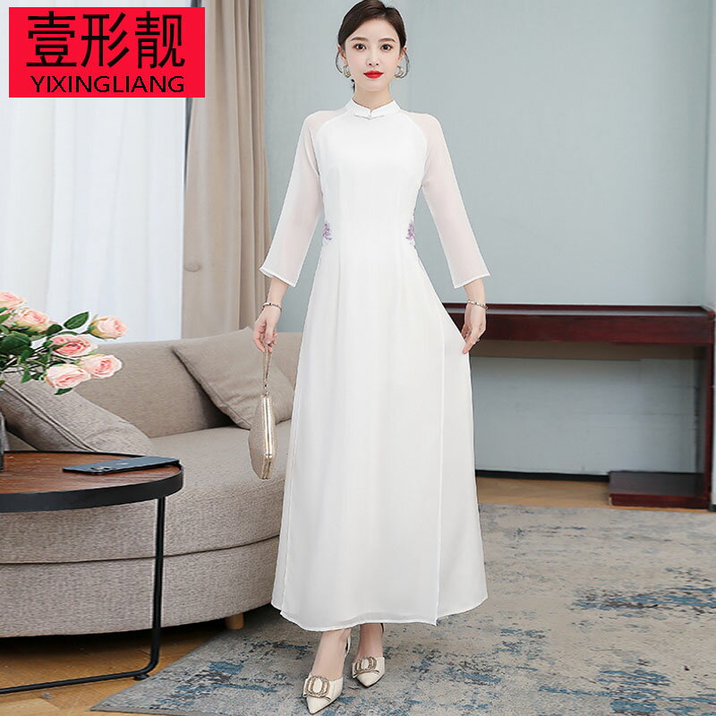 中國風禪意修身收腰連衣裙改良漢服立領古風茶服女奧戴旗袍長裙仙