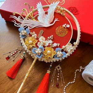 漢服新娘扇中式秀禾古風紅色成品金色喜扇婚禮結婚團扇DIY材料包