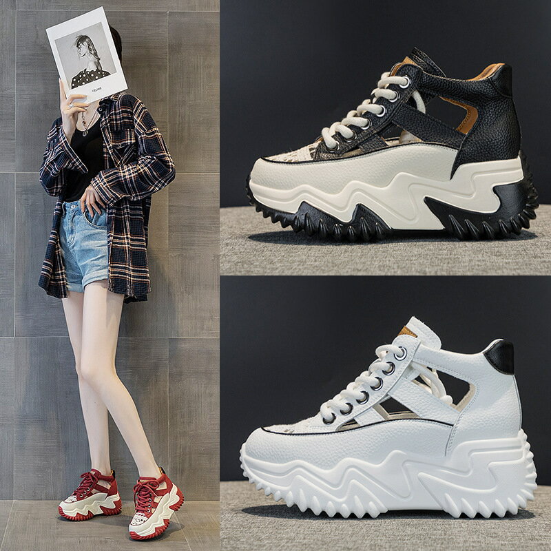 2023-65內增高7CM真皮老爹鞋女 2024春季新款百搭韓版厚底鬆糕休