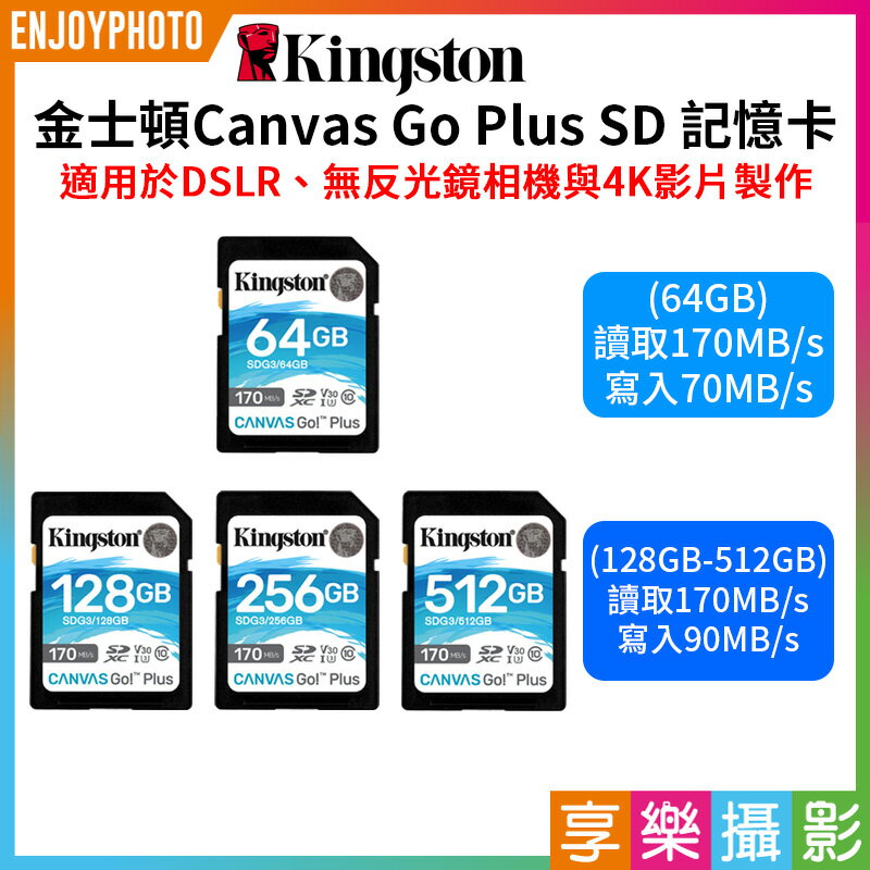【199超取免運】[享樂攝影]【Kingston金士頓 Canvas Go Plus SD記憶卡】讀170MB/寫90MB 64GB 128GB 256GB 512GB DSLR 4K影片【APP下單4%點數回饋!!】
