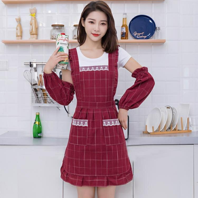 圍裙 防水圍裙女棉布家用廚房做飯工作正韓時尚可愛餐廳背帶式防油罩衣