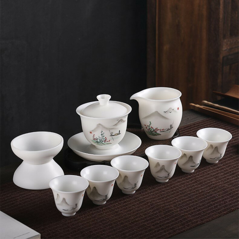 羊脂玉瓷茶具套裝辦公禮品手繪山水白瓷茶具陶瓷功夫茶杯茶具整套