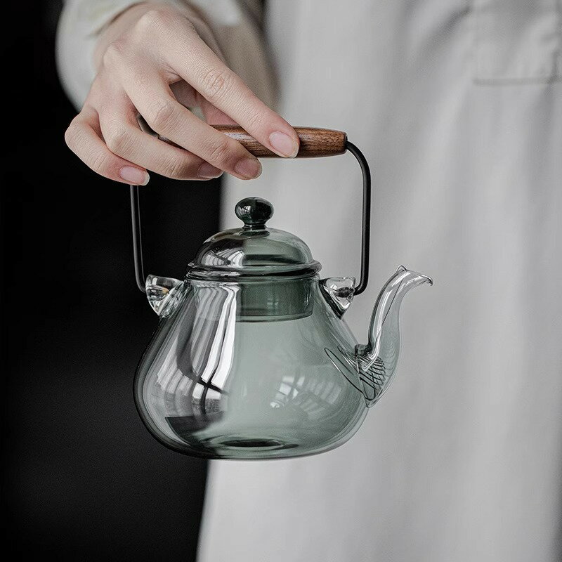 免運 茶壺 茶具 玻璃壺 中式高硼硅耐熱玻璃沸水壺大容量胡桃木提梁玻璃燒水壺煮茶壺套裝