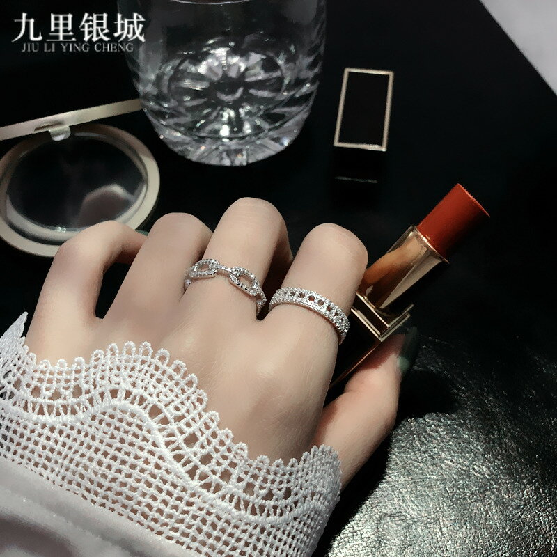S925銀微鑲滿鉆水鉆銀戒指女時尚日韓輕奢ins網紅潮流款鋯石指環