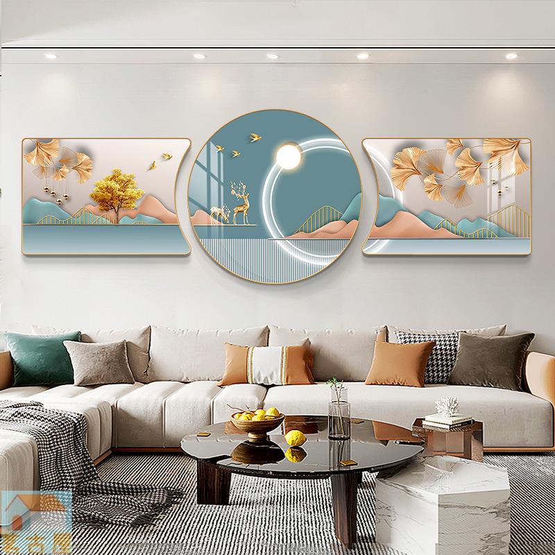 輕奢客廳裝飾畫現代新中式沙發背景墻三聯畫掛畫簡約大氣福鹿壁畫
