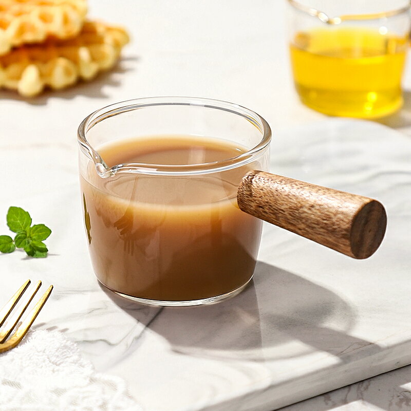 墨色日式簡約木柄玻璃小奶盅咖啡奶壺加奶杯帶手柄迷你奶罐醬汁杯