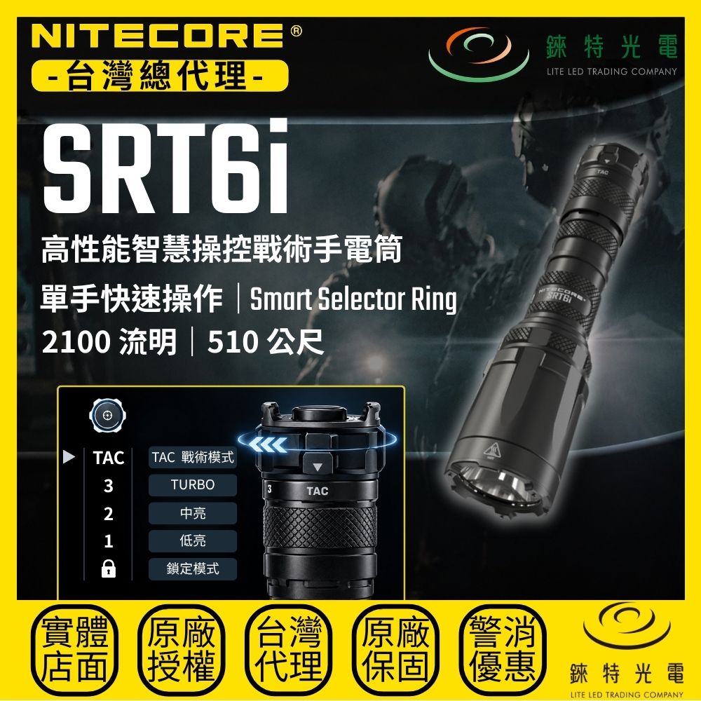 【錸特光電】NITECORE SRT6i 第四代智慧操控環戰術手電筒 2100流明 510米 一鍵爆閃 雙尾按鍵 TAC戰術模式