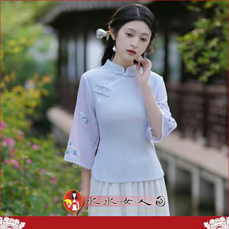 【水水女人國】～中國風美穿在身~M-4XL飛煙(藍)。古典清雅改良旗袍上衣棉麻刺繡盤扣簡約優質純色中式七分袖唐裝上衣