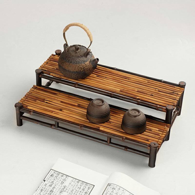中式仿古竹排茶杯架中式茶具收納架桌面置物展示柜禪意博古架茶道配件中式茶具中式茶盤 茶具用品