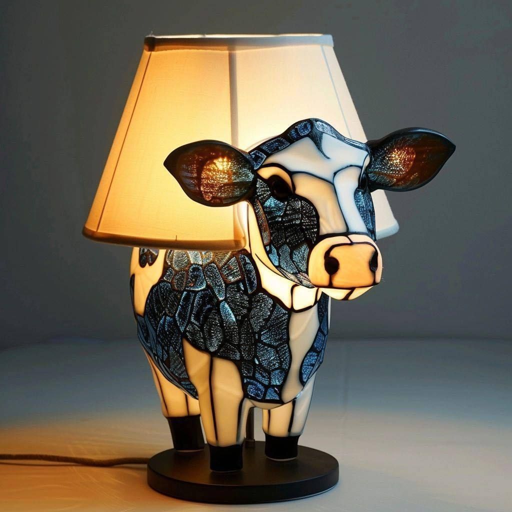 Animal Table Lamp小牛動物臺 創意樹脂家居床頭發光牛頭臺燈擺件