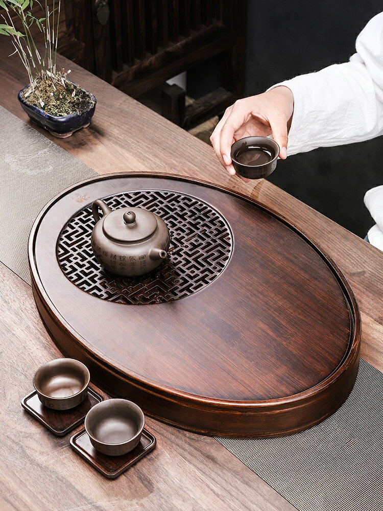 中式茶盤原木 復古實木茶盤 茶盤家用竹小型茶臺茶托盤儲水式干泡盤茶具橢圓形茶海茶臺新中式