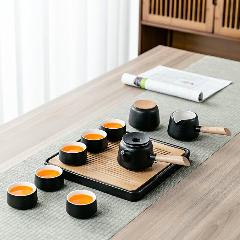 黑陶功夫茶具套裝家用簡約儲水式干泡茶盤側把壺茶杯茶海整套