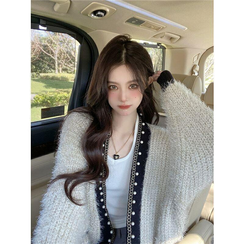 小香風釘珠亮絲毛茸茸鏈條毛衣外套女冬季加厚高階氣質寬鬆上衣潮