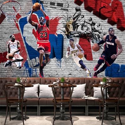 NBA球星籃球大型壁畫背景墻裝飾畫科比喬丹臥室3D復古磚墻壁紙