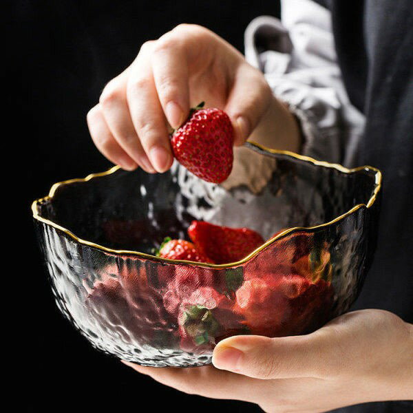 日式錘紋金邊玻璃碗透明沙拉碗家用水果碗餐具盤子ins網紅甜品碗
