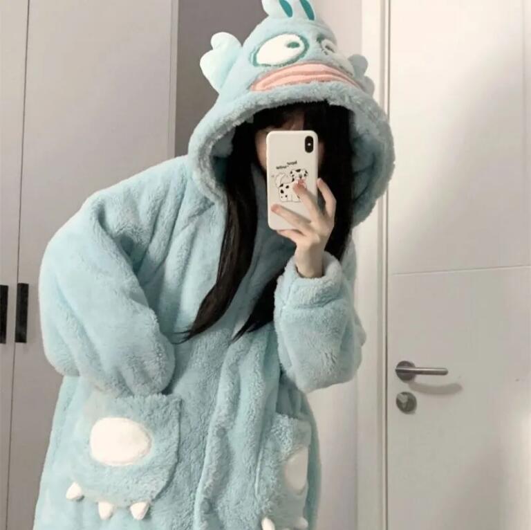 小醜魚睡袍女秋冬季珊瑚絨睡袍加絨加厚保暖家居服套裝卡通可愛【步行者戶外生活館】
