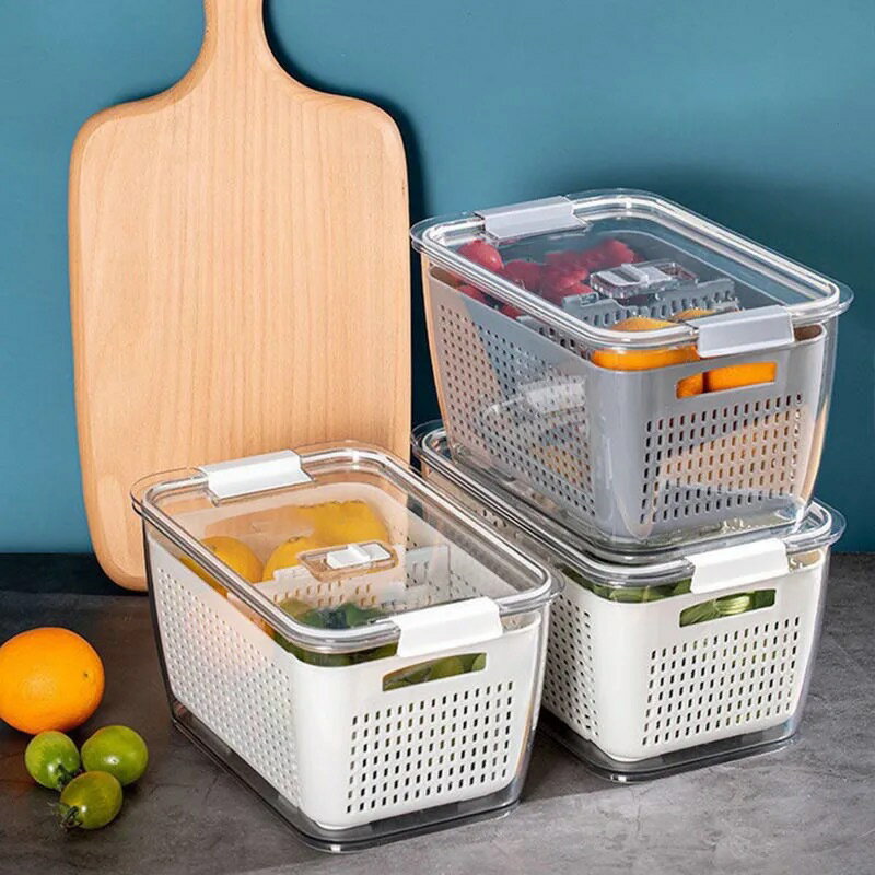 瀝水保鮮盒雙層透明帶蓋塑料洗果蔬廚房冰箱密封果蔬分格收納盒