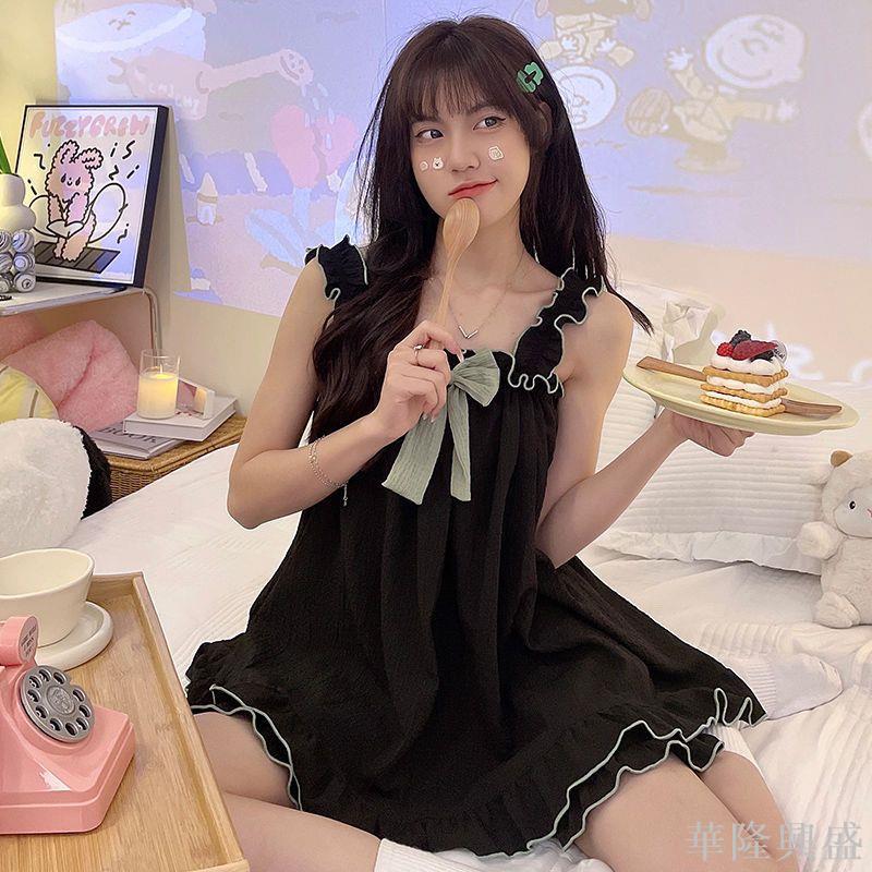 睡衣女夏季可愛甜美ins風荷葉邊蝴蝶結少女無袖可外穿家居服套裝