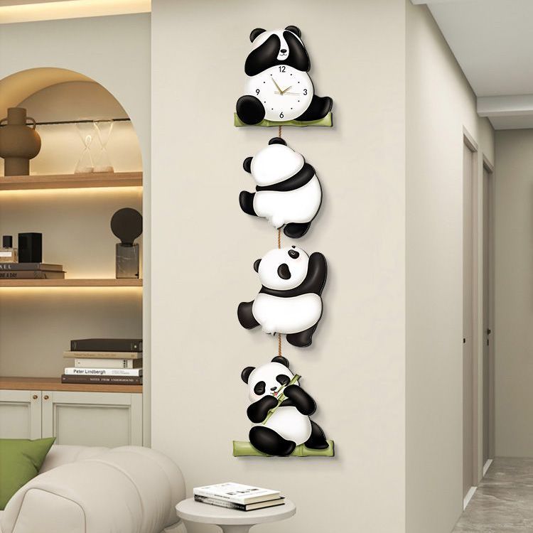 熊貓掛鐘裝飾畫新款客廳沙發玄關創意時鐘餐廳背景墻鐘表走廊掛畫