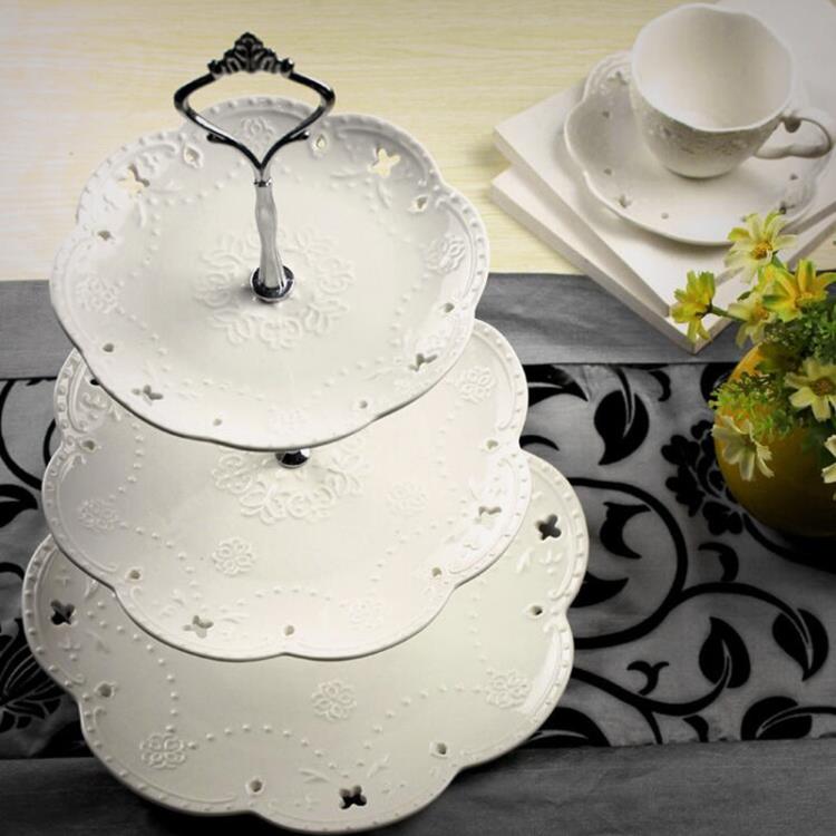 陶瓷水果盤歐式三層點心盤蛋糕盤多層甜品盤現代客廳糖果托盤架子【摩可美家】