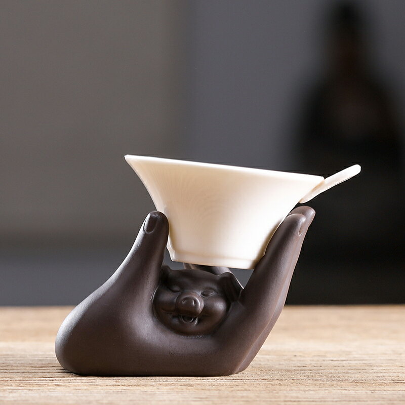 宜興紫砂茶漏架 掌上明珠 小豬茶葉過濾往架 功夫茶具配件1入