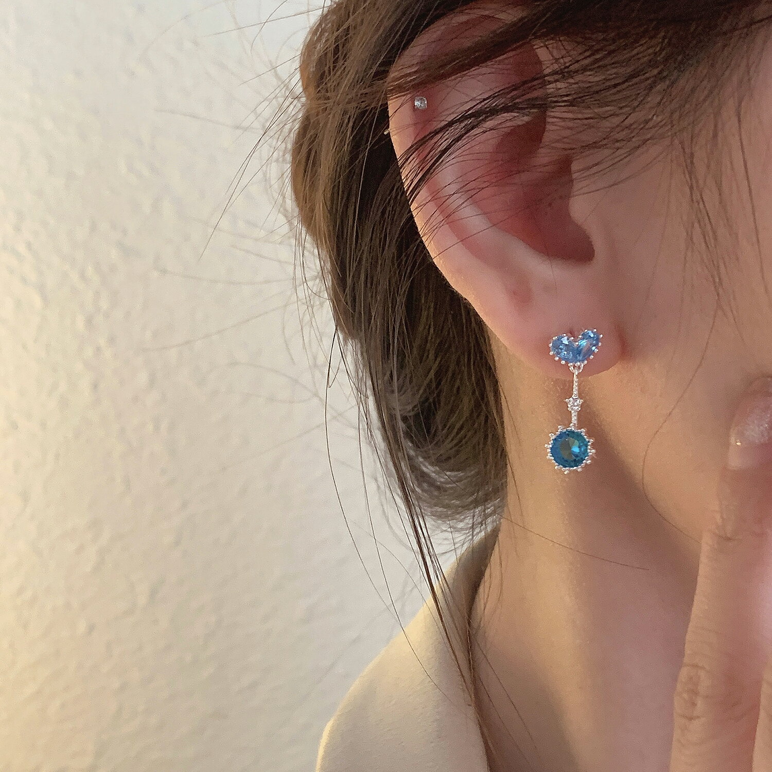 小寶s925純銀獨特藍色鋯石愛心耳環女小眾設計感氣質高級時尚簡約