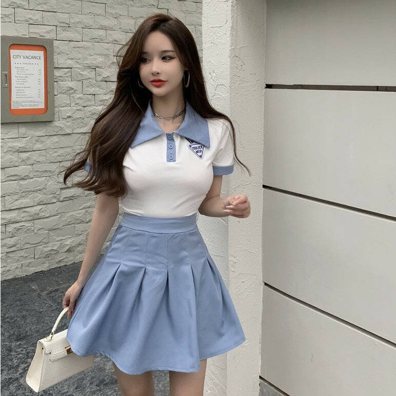 夏季韓版甜美減齡兩件套襯衣領貼標短袖上衣+高腰百褶短裙女套裝