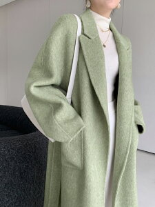 綠色雙面羊毛大衣秋冬氣質女神范中長款毛呢外套