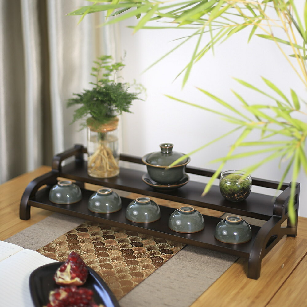 茶具展示架 茶臺裝飾 桌面置物 茶道 茶杯收納 茶具收納 茶器 新中式桌面茶杯架博古架家用桌上茶桌茶具收納架紫砂壺展示置物架0617