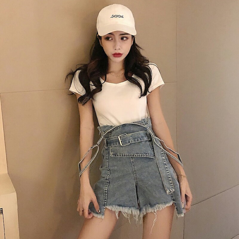 夏季新款港風套裝女復古chic短袖T恤上衣牛仔背帶褲兩件套潮