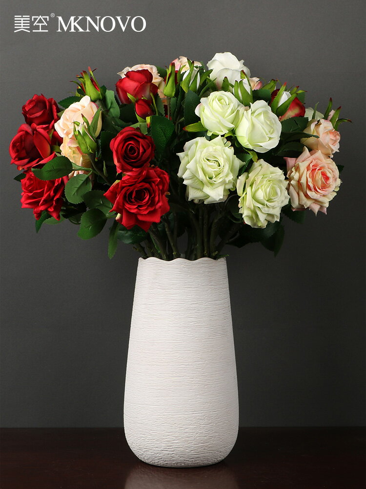 三頭仿真玫瑰花客廳裝飾電視柜插花擺放絹花單支塑料假花花卉擺件