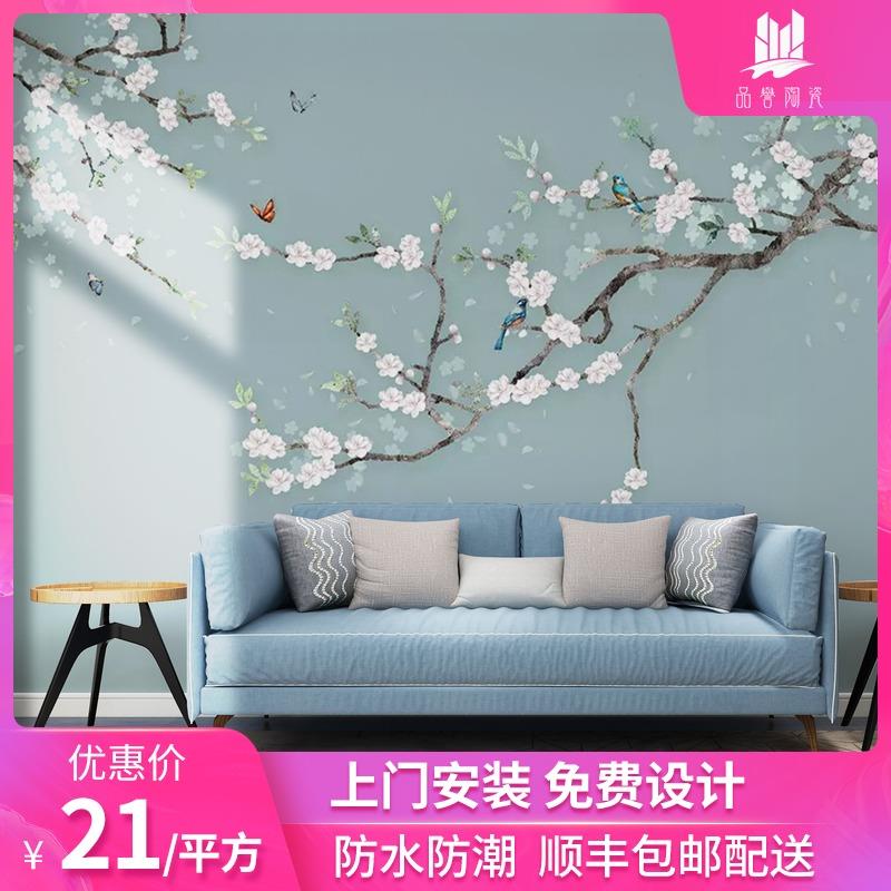 新中式水墨山水花鳥客廳電視背景墻現代簡約墻紙沙發臥室床頭壁畫
