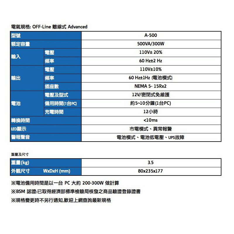 EATON 飛瑞 A-500 離線式 不斷電系統 UPS  500VA Off-Line A500 3