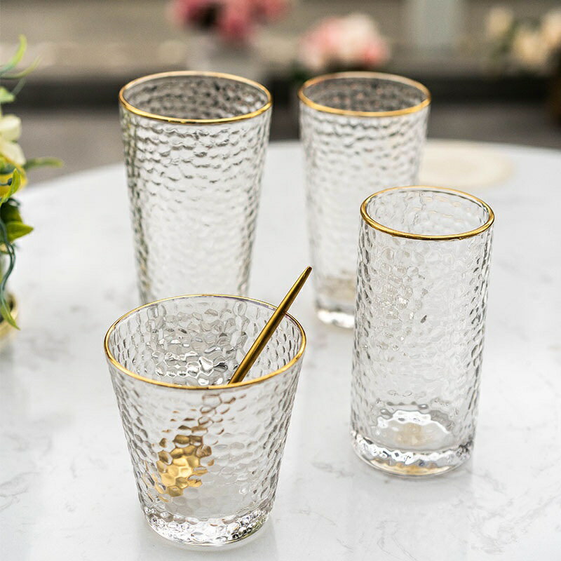 新款國產耐熱錘紋杯金邊玻璃杯透明水杯日式杯子描禮品定制茶杯