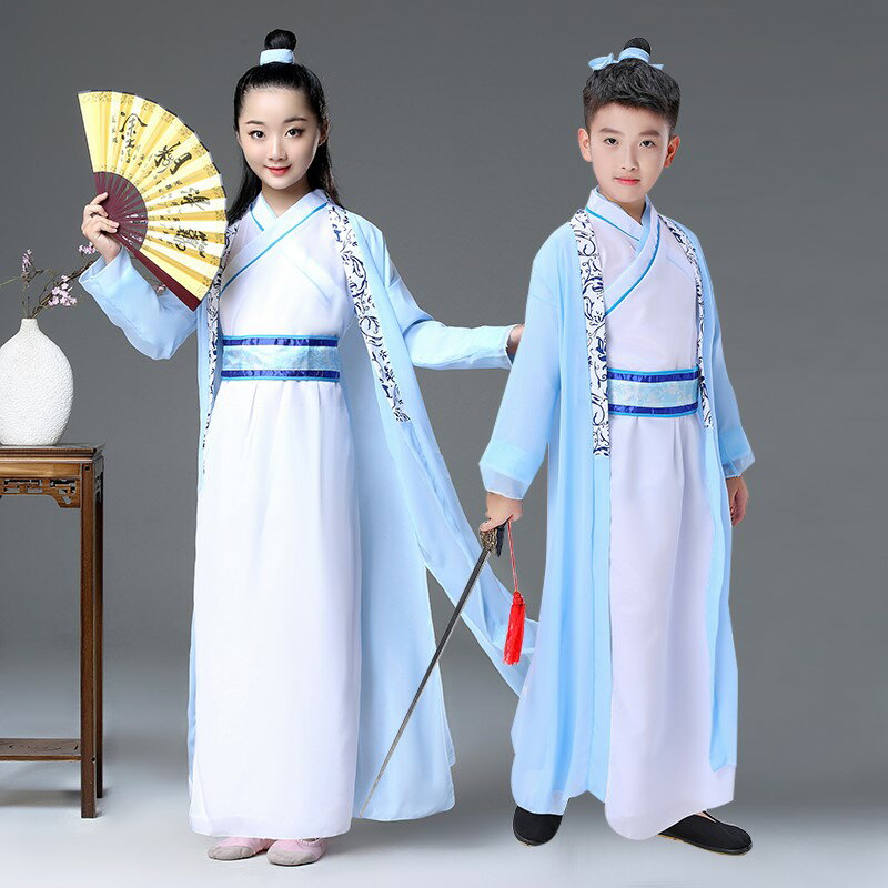 兒童漢服國學服書童演出服裝小學生朗誦男童古裝中國風表演服寫真