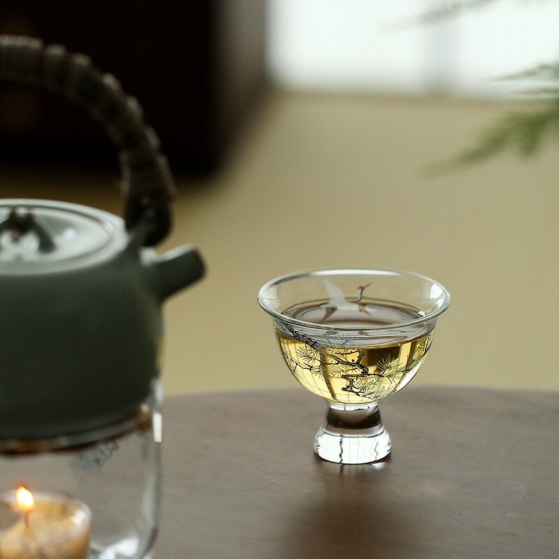 青松皓鶴耐熱玻璃透明主人杯品茗杯單個茶杯家用功夫茶具高足杯子