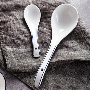 簡約家用陶瓷勺子餐具吃飯勺子 創意小湯勺大湯勺 白色藍邊日用勺