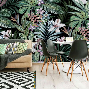 沙發背景墻壁手繪熱帶雨林墻紙壁畫潮流東南亞植物酒店餐廳 客廳