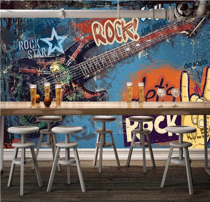歐美涂鴉吉他搖滾音樂酒吧KTV工裝背景墻紙咖啡廳休閑吧壁紙壁畫