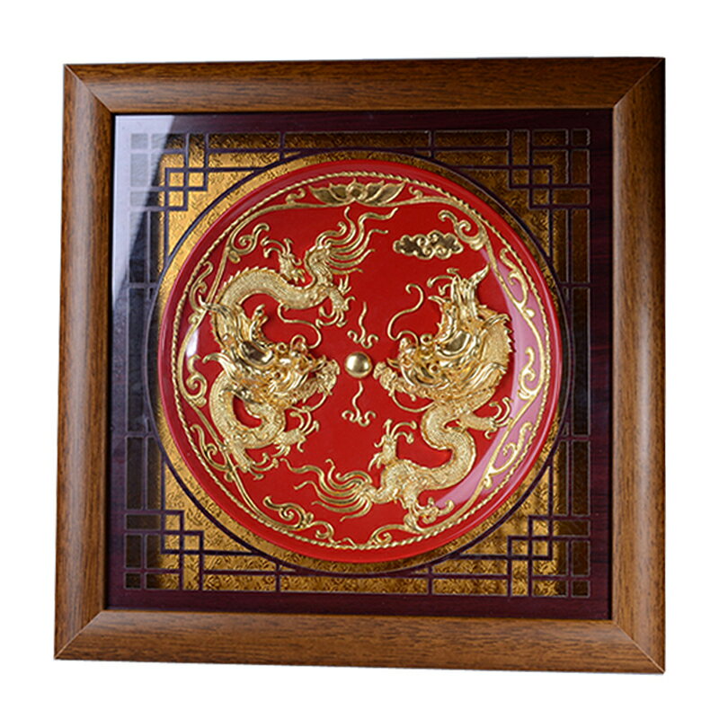 中國紅 漆線雕龍鳳紅盤陶瓷掛盤裝飾墻壁創意家居客廳工藝品